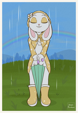 anthro boots boots_only breasts clothed clothing coat convenient_censorship female footwear footwear_only grass mostly_nude navel outside partially_clothed plant rain_boots rainbow raincoat raincoat_only raining rubber_boots shoes solo spring topwear umbrella water ikaribunbun lagomorph leporid mammal rabbit 2026 hi_res