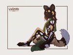 anthro breasts brown_body brown_eyes brown_fur brown_hair cheek_tuft convenient_censorship dipstick_tail facial_tuft female fur green_scarf hair markings nude scarf sitting small_breasts solo spots spotted_body spotted_fur tail tail_markings tuft white_spots wintemare venus_(wintemare) african_wild_dog canid canine mammal 4:3 colored digital_media_(artwork) full-length_portrait hi_res portrait shaded