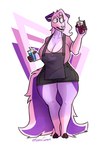 3_toes 4_fingers anthro apron beverage big_breasts bottomwear breasts cleavage clothed clothing collarbone feet female fingerless_(marking) fingers fur geometric_background hair holding_beverage holding_object hotpants huge_breasts humanoid_hands long_hair looking_aside pink_body pink_fur pink_hair pink_nose purple_body purple_eyes purple_fur shorts simple_background solo standing thick_thighs toes white_body white_fur wide_hips revenasurniak anteater giant_anteater mammal pilosan xenarthran 2023 artist_name colored digital_media_(artwork) full-length_portrait hi_res portrait shaded