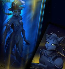 armor body_armor breasts clitoris containment_tube corpse cyberpunk decay decomposition eyeless female floating genitals glowing glowing_eyes gore gun hair intersex looking_at_another markings medical_instrument ponytail ranged_weapon scientific_instrument small_breasts standing teeth_showing vulva weapon white_markings felid feline mammal hi_res