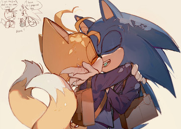 alternate_costume anthro backpack bodily_fluids candy clothing dessert dialogue duo eye_contact eyes_closed food fur gloves handwear holding_object kissing looking_at_another male male/male saliva speech_bubble teeth text c52278 sega sonic_the_hedgehog_(series) miles_prower sonic_the_hedgehog canid canine eulipotyphlan fox hedgehog mammal 2020 english_text hi_res