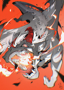 2_horns action_pose ambiguous_gender arm_scar back_wings breath_powers claws digitigrade elemental_manipulation fangs feral finger_claws fire fire_breathing fire_manipulation front_view grey_body grey_membrane grey_sclera gums head_horn horn inner_ear_fluff looking_at_viewer mane membrane_(anatomy) membranous_wings monotone_body open_mouth pointy_ears pose pupils quadruped red_background red_eyes red_horn red_pupils red_scar red_tongue ringed_iris scar simple_background slit_pupils snout solo spread_wings tail_mane tapering_tongue teeth toe_claws tongue tooth_necklace tuft white_inner_ear white_inner_ear_fluff white_mane wings yellow_eyes chiayeeee european_mythology mythology dragon mythological_creature mythological_scalie scalie western_dragon 2026 chromatic_aberration full-length_portrait hi_res portrait signature