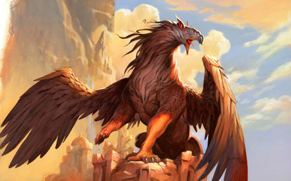 ambiguous_gender beak brown_body brown_feathers building claws cloud day feathers feral open_mouth outside sitting solo tongue tongue_out jesper_ejsing hasbro magic:_the_gathering mythology wizards_of_the_coast avian gryphon mythological_avian mythological_creature 2008 hi_res official_art