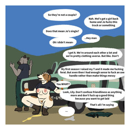 ambiguous_gender anthro areola big_breasts black_clothing black_shirt black_t-shirt black_topwear bodily_fluids boots border bottomwear breasts brown_body brown_boots brown_clothing brown_footwear brown_fur casual_urination clothed clothes_on_ground clothing crouching dialogue duo facial_markings female footwear fur genital_fluids genitals green_bottomwear green_clothing green_pants grey_body grey_clothing grey_footwear grey_fur grey_panties grey_socks grey_underwear head_markings light_truck markings multicolored_body multicolored_fur muzzle_(marking) nipples panties pants peeing peeing_outside pickup_truck pink_nipples profanity pubes raised_clothing raised_shirt raised_topwear shirt shoes simple_background slightly_chubby slightly_chubby_female socks speech_bubble t-shirt text topwear truck two_tone_body two_tone_fur underwear urine urine_pool urine_stream vehicle vulva white_body white_border white_fur oystr united_states_forest_service jo_(oystr) mel_(oystr) beagle canid canine canis domestic_dog hunting_dog mammal presa_canario scent_hound 1:1 english_text hi_res nonbinary_(lore)
