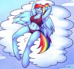 2013 anthro anthrofied big_breasts blue_body blue_feathers blue_fur breasts clothed clothing cloud cutie_mark equid equine feathered_wings feathers female friendship_is_magic fur hair hasbro hi_res looking_at_viewer mammal multicolored_hair multicolored_tail my_little_pony mythological_creature mythological_equine mythology navel one_eye_closed pegasus pink_eyes rainbow_dash_(mlp) rainbow_hair rainbow_tail skimpy smile solo sweetcreamfizz tail tongue tongue_out wings