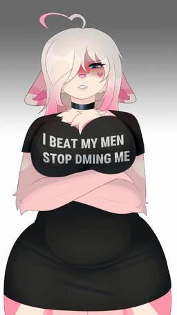 anthro big_breasts blush breasts clothing crossed_arms ears_down female fur hair large_shirt looking_at_viewer pink_body pink_fur pivoted_ears simple_background slightly_chubby slightly_chubby_anthro slightly_chubby_female solo text d.generator lovelock canid canine canis mammal wolf 2026 animated hi_res short_playtime sound video
