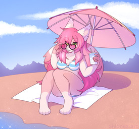 anthro beach beach_blanket beach_umbrella eyewear female fur green_eyes hair heart_sunglasses holding_object long_hair looking_at_viewer outside parasol pink_body pink_eyewear pink_fur pink_hair pink_nose pink_sunglasses sitting sky smile smiling_at_viewer solo striped_bikini_top sunglasses shiones domestic_cat felid feline felis mammal 2021 colored digital_drawing_(artwork) digital_media_(artwork) shaded