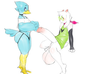 anthro armwear averting_eyes avian_feet balls big_balls big_butt big_penis blue_body blue_feathers blush butt chastity_cage chastity_device clothing crop_top duo elbow_gloves erection eyewear feathers femboy fur genitals glasses gloves handwear horn huge_balls huge_butt huge_penis humanoid_genitalia humanoid_penis hyper hyper_balls hyper_genitalia hyper_penis imminent_sex male penis scarf shirt submissive thick_thighs topwear wearing_chastity_device white_body conditional_dnp kinkykong deltarune undertale_(series) berdly ralsei bovid caprine darkner goat mammal hi_res