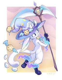 :3 abstract_background accessory ambiguous_gender anthro butt clothing feather_in_hair fur hair hair_accessory hat headgear headwear holding_object holding_weapon looking_at_viewer looking_back loose_feather melee_weapon pawpads paws polearm purple_eyes scythe solo tail weapon white_body white_fur witch_hat ty_poor microsoft ori_(series) xbox_game_studios fan_character guardian_spirit 2025 hi_res signature