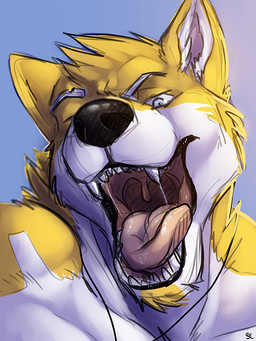 anthro black_nose blue_eyes bodily_fluids cheek_tuft chin_tuft eyebrows facial_tuft fangs front_view fur gradient_background head_tuft jewelry male male_anthro mouth_shot necklace nude open_mouth pink_tongue saliva saliva_string simple_background solo teeth tongue tuft uvula white_body white_eyebrows white_fur yellow_body yellow_fur solaxe_(artist) solaxe canid canine canis domestic_dog husky mammal nordic_sled_dog spitz 3:4 bust_portrait portrait