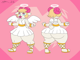 anthro blonde_hair blue_eyes clothing feathered_wings feathers femboy footwear gold_braclet hair halo heart_eyes heart_symbol horn lipstick makeup male pear-shaped_figure pink_horn robe sandals shoes toga white_body wide_hips wings dirtymac cupid angel bovid caprine mammal sheep 4:3 absurd_res hi_res