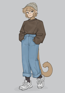 anthro bottomwear clothing denim denim_bottomwear denim_clothing ear_piercing ear_ring female footwear hand_in_pocket jeans knit_hat looking_at_viewer pants piercing pockets ring_piercing shoes smile sneakers solo sweater topwear 427deer haplorhine mammal monkey primate absurd_res hi_res
