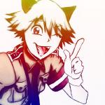 blonde_hair clothed clothing gloves hair handwear happy male necktie one_eye_closed open_mouth purple_eyes simple_background solo standing uniform white_background wink strikinghyena hellsing schrodinger_(hellsing) animal_humanoid cat_humanoid felid felid_humanoid feline feline_humanoid humanoid mammal mammal_humanoid 1:1