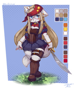 anthro biped black_clothing black_dress black_nose blonde_hair blue_eyes boots bracelet breasts brown_boots brown_clothing brown_footwear chest_tuft clothed clothing cute_fangs dress ear_piercing eyebrows fangs female fluffy fluffy_tail footwear front_view fur hair headgear headkerchief headwear holding_melee_weapon holding_object holding_sword holding_weapon inner_ear_fluff jewelry kerchief long_hair melee_weapon piercing red_kerchief shoes simple_background small_breasts solo standing sword tail teeth thigh_strap tuft weapon white_body white_fur white_inner_ear_fluff young young_anthro young_female xperimentss canid canine canis domestic_dog mammal molosser 2025 absurd_res hi_res model_sheet