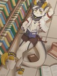 amber_eyes anthro arm_tuft bandage bandaged_arm bandaged_leg bell bell_collar book bookmark bookshelf bottomwear clothing collar ear_piercing elbow_tuft furniture hand_behind_head horn inner_ear_fluff library looking_at_viewer lying male neck_tuft on_back pawpads piercing reading reading_book relaxing shorts solo tuft qftalorz bovid caprine goat hybrid lemur mammal primate strepsirrhine hi_res