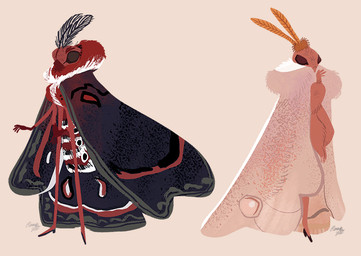 antennae_(anatomy) anthro black_eyes cloak clothing dress duo female footwear heel high_heels insect_wings male multi_limb pink_background pink_body red_body robe shoes simple_background wings reimena arthropod insect lepidopteran moth