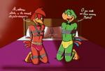 anthro bed bound bow_(feature) bow_tie duo furniture half-closed_eyes looking_at_viewer male male/male narrowed_eyes smile text jde10 disney the_three_caballeros jose_carioca panchito_pistoles avian bird chicken galliform gallus_(genus) parrot phasianid hi_res portuguese_text spanish_text translated