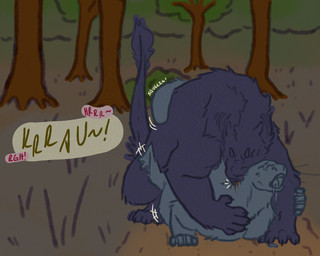 bite blood bodily_fluids cum cum_inflation cum_inside drooling du'wehyi'quibaba duo fanguris forest_background from_behind_position genital_fluids grass inflation male mounting neck_bite plant saliva sex shrub size_difference tree whiskers muddymaggot francois_(r4wry) mauvit'fur du'wehyi 5:4 hi_res