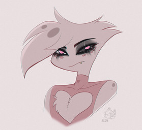 black_eyebrows black_eyeliner black_sclera chest_tuft clothed clothed_humanoid clothed_male clothing eyebrows eyeliner fangs femboy fur hair heart_cutout light logo looking_at_viewer makeup male male_humanoid mouth_closed no_pupils noseless pink_body pink_clothing pink_eyes pink_fur pink_hair pink_shirt pink_topwear shirt short_hair simple_background solo teeth topwear tuft white_background yellow_teeth msink hazbin_hotel hellaverse angel_dust arachnid arthropod demon demon_humanoid humanoid 2025 artist_logo bust_portrait colored colored_sketch digital_drawing_(artwork) digital_media_(artwork) english_description hi_res lighting portrait shaded sketch