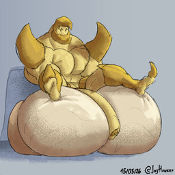 anthro arm_spikes balls big_balls big_muscles big_penis bored casual_exposure casual_hyper casual_nudity cock_and_ball_torture exposed_testicle exposed_testicles feet flaccid foot_on_balls genital_mutilation genital_torture genitals horn huge_balls huge_muscles huge_penis hyper hyper_balls hyper_genitalia hyper_penis male muscular muscular_male mutilation penis shoulder_spikes sitting soles solo spikes spikes_(anatomy) yellow_body joyhouser cheesecake_(joyhouser) animal_humanoid arthropod arthropod_humanoid beetle humanoid insect insect_humanoid 1:1 hi_res