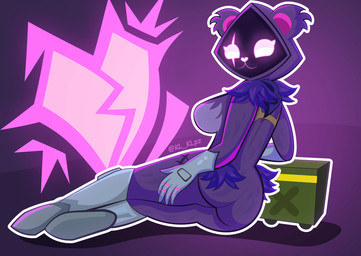 ammo_box anthro armor clothing ears_through_headwear female fur gauntlets gloves handwear hip_tuft neck_tuft purple_body purple_fur purple_hood solo tuft kl_klpz epic_games fortnite raven_team_leader bear mammal hi_res