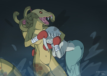 apode arm_around_neck boxing boxing_gloves breasts clothing covered_eyes duo featureless_crotch female fight hair hair_over_eyes handwear hug legless living_hair nipples non-mammal_breasts non-mammal_nipples nude open_mouth partially_submerged pseudo_hair scales serpentine simple_background snake_hair snake_hood split_form sport water wet deathzera european_mythology god_of_war god_of_war_ascension greek_mythology mythology sony_corporation sony_interactive_entertainment spooky's_jump_scare_mansion gorgon_cobra specimen_13 aquatic cobra draconcopode merfolk mythological_creature naga reptile scalie snake 2018 digital_media_(artwork) hi_res