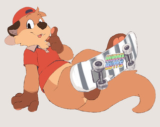 4_fingers 4_toes anthro black_eyes blush blush_lines bottomless brown_body brown_ears brown_fur brown_nose brown_paws cheek_tuft chest_tuft clothed clothing facial_tuft fangs feet fingers fur hat headgear headwear looking_at_viewer looking_down male multicolored_body multicolored_fur open_mouth pawpads paws pink_pawpads raised_paw red_clothing red_hat red_headwear red_shirt red_topwear shirt simple_background sitting skateboard solo sticker tan_body tan_fur teeth text toes topwear tuft vehicle seth-iova chester_the_otter mammal mustelid otter 2022 2_frame_animation animated english_text