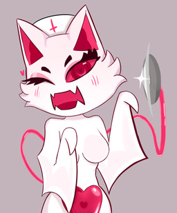 anthro bat_wings blush breasts cheek_tuft clothing cross ears_up eyebrows eyelashes facial_tuft female fur headgear headwear heart_symbol inverted_cross knife long_eyelashes looking_at_viewer medical_instrument membrane_(anatomy) membranous_wings nude one_eye_closed open_mouth pink_eyelids pink_eyes pink_tail scientific_instrument semi-anthro simple_background smile solo tail tuft white_body white_ears white_fur wings wink higidu bat felid mammal absurd_res hi_res