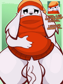 anthro blush bottomless bottomless_anthro bottomless_male clothed clothing erection genitals male penis slightly_chubby slightly_chubby_anthro slightly_chubby_male solo text topwear vein veiny_penis softestpuffss cave_story fan_character spice_(softestpuffss) lagomorph mammal mimiga 3:4 english_text hi_res
