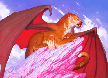 ambiguous_gender brown_body brown_fur claws cloud day fangs feral fur looking_up membrane_(anatomy) membranous_wings outside sitting solo tail teeth wings john_tedrick hasbro magic:_the_gathering wizards_of_the_coast leori_(magic:_the_gathering) ambient_bird felid mammal 2022 absurd_res hi_res official_art