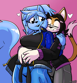 5_fingers anthro anthro_on_anthro black_clothing black_hoodie black_jacket black_nose black_shirt black_tank_top black_topwear blue_body blue_bottomwear blue_clothing blue_fur blue_hair blue_jacket blue_pants blue_topwear bottomwear brown_body brown_fur buckteeth clothed clothing cute_fangs dipstick_tail duo eyes_closed eyewear fangs female fingers fluffy fluffy_tail front_view fur glasses grey_bottomwear grey_clothing grey_pants hair heart_eyes heart_symbol hoodie hug hugging_another hugging_from_behind interspecies jacket looking_back male male/female markings open_clothing open_jacket open_mouth open_topwear pants pink_background purple_clothing purple_hoodie purple_topwear raised_arm romantic romantic_couple shirt simple_background smile smirk standing tail tail_markings tank_top teeth topwear white_body white_fur zipper felino lettuce_(lettuce) peter_(felino) domestic_cat felid feline felis mammal rodent sciurid tree_squirrel 2026 hi_res