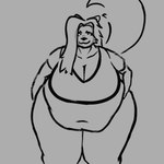 anthro belly big_belly breasts female hair hand_on_hip long_hair looking_at_viewer obese overweight solo asphalt_(artist) canid canine canis coyote mammal 1:1 absurd_res greyscale hi_res monochrome