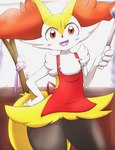 ambiguous_gender anthro apron blush braixen canid canine clothing eiroru generation_6_pokemon hi_res inner_ear_fluff looking_at_viewer mammal nintendo pokemon pokemon_(species) ribbons smile solo stick stick_in_tail tail tuft