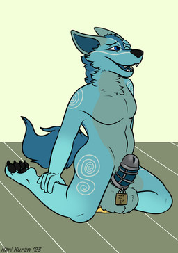 anal anthro black_pawpads blue_body blue_eyes blue_fur chastity_cage chastity_cage_only chastity_device chastity_device_only fur kneeling lock male nude orgasm_denial padlock pawpads paws solo tail teeth_showing text wearing_chastity_cage wearing_chastity_device harikuran no_nut_november canid canine canis mammal wolf absurd_res hi_res meme