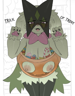 anthro areola big_breasts biped blush blush_lines bodily_fluids breasts exposed_breasts eyebrows female fingers front_view fur green_body green_fur holidays multicolored_body nipples open_mouth pink_body pink_nose public public_exposure pumpkin_breasts pupils sagging_breasts solo sweat tan_areola tan_nipples tongue trick-or-treating jingzhou14848 halloween nintendo pokemon generation_9_pokemon meowscarada pokemon_(species) 2025 digital_media_(artwork) hi_res portrait three-quarter_portrait