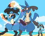 animal_genitalia animal_penis anthro aura balls beach being_watched black_body black_fur blue_body blue_fur canine_genitalia canine_penis conditional_dnp covering covering_crotch erection erobos forced forced_erection fur generation_4_pokemon genitals hi_res knot looking_at_another lucario male nintendo nude open_mouth penile penis pokemon pokemon_(species) red_eyes riolu seaside sharp_teeth sheath surprise teeth tongue tongue_out water wide_eyed yellow_body yellow_fur