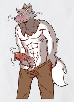 abs anthro big_penis blush bodily_fluids breath claws clothed clothing genital_fluids genitals huge_penis male masturbation muscular panting partially_clothed penis precum scar scruffy solo sweat zixzs-redlight fan_character canid canine canis mammal wolf