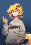 anthro blue_eyes blush clothed clothing fur hair hoodie looking_at_viewer male orange_body orange_fur simple_background solo text topwear white_body white_fur goatdraw horang felid mammal pantherine tiger 2020 absurd_res digital_media_(artwork) hi_res