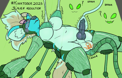 alien_abduction anal anal_penetration animal_genitalia animal_penis balls big_balls blush blush_lines bodily_fluids breast_milking breast_play breast_suck breasts canine_genitalia canine_penis eyewear eyewear_only genitals glasses glasses_only gynomorph intersex knot knotted_penis lactating mohawk nude orgasm_denial orgasm_denial_curse penetration penis robotic_arm robotic_leg robotic_limb robotic_tentacles static sucking suction_device text thick_arms thick_thighs wearing_glasses impishhyena kinktober kinktober_2025 harley_(impishhyena) hyena mammal 2025 digital_drawing_(artwork) digital_media_(artwork) english_text hi_res