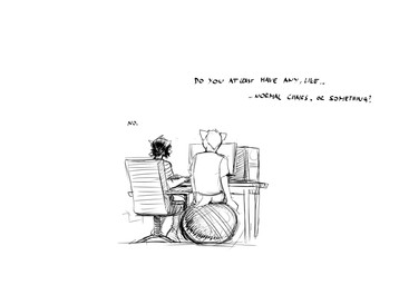 anthro ball bottomwear chair clothing computer desk dialogue duo electronics exercise_ball eye_bags eyewear female furniture male on_chair shorts sitting sitting_on_ball sitting_on_chair table text hladilnik daniel_(hladilnik) marylin_(hladilnik) american_opossum canid canine canis mammal marsupial virginia_opossum wolf 2026 black_and_white english_text hi_res monochrome