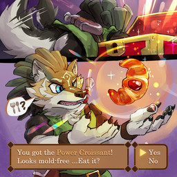 5_fingers anthro belt_buckle black_body black_claws black_fur black_pawpads blue_eyes bottomless bottomless_anthro bottomless_male bread buckle claws clothed clothed_anthro clothed_male clothing countershade_face countershade_fur countershade_neck countershade_tail countershading croissant ear_piercing ear_ring finger_claws fingerpads fingers food front_view fur game_ui green_body green_clothing green_fur green_hair green_shirt green_topwear green_tunic hair inner_ear_fluff large_comic looking_at_food looking_at_object male motion_lines multicolored_body multicolored_fur pastry pawpads piercing pupils purple_background rear_view red_tongue ring_piercing shirt shirt_only simple_background solo tail tail_motion tailwag tan_body tan_fur teeth text tongue tongue_showing topwear topwear_only treasure_chest tuft tunic white_body white_countershading white_fur white_inner_ear white_inner_ear_fluff white_sclera waddledox nintendo the_legend_of_zelda link_(wolf_form) canid canine canis mammal wolf 1:1 2024 absurd_res comic digital_drawing_(artwork) digital_media_(artwork) english_text first_page half-length_portrait hi_res portrait