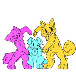 ambiguous_gender anthro blue_body blue_fur blush face_squish fur group happy hug love pink_body pink_fur simple_background sitting smile squish standing tail toony trio white_background yellow_body yellow_fur norwegianfennec canid canine mammal 1:1 2026 digital_media_(artwork) flat_colors line_art