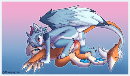 anal anal_penetration animal_genitalia anthro anthro_on_anthro anthro_penetrated anthro_penetrating anthro_penetrating_anthro anus ass_up bedroom_eyes biped black_sclera blue_body blue_fur blush bodily_fluids border butt claws clenched_teeth duo erection from_behind_position fur genital_fluids genital_slit genitals horn inner_ear_fluff jockey_position looking_pleasured male male/male male_penetrated male_penetrating male_penetrating_male narrowed_eyes nude on_top orange_body orange_fur pawpads paws penetration penile penile_penetration penis penis_in_ass perineum precum prone_bone_position seductive sex simple_background slim tail tail_hug teeth tuft white_border wings draggyavali mythology draggy_(draggysmut) avali dragon furred_dragon furred_scalie mythological_creature mythological_scalie scalie digital_drawing_(artwork) digital_media_(artwork) hi_res signature