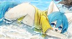 anthro black_nose blue_eyes blue_hair blue_tail clothed clothing crossed_legs fluffy hair inner_ear_fluff kemono looking_at_viewer lying male midriff navel partially_submerged pupils resting resting_on_arms shota slit_pupils smile tail tuft wet wet_clothing white_ears white_inner_ear_fluff yellow_raincoat young young_anthro naegi teru_(naegi) canid canine fox mammal 2019 absurd_res digital_media_(artwork) digital_painting_(artwork) hi_res shaded