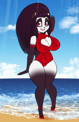 abs anthro armband beach big_breasts black_body breasts clothing collarbone eyebrows eyelashes female footwear hair hand_behind_head navel_outline one-piece_swimsuit open_mouth open_smile red_clothing red_eyes red_swimwear smile solo swimwear thick_thighs thigh_gap white_body wide_hips scorpdk princess_yue bear giant_panda mammal 2026 absurd_res hi_res