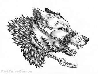 ambiguous_gender bit_gag bound chain chain_collar chain_leash collar dominant feral gag leash muzzle_(object) muzzled simple_background solo submissive submissive_ambiguous white_background redfurrydemon canid canine canis mammal wolf 4:3 detailed monochrome traditional_media_(artwork)