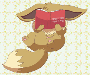 ambiguous_gender book brown_body brown_fur feral fur multicolored_body multicolored_fur pattern_background pawpads reading reading_book simple_background solo two_tone_body two_tone_fur upside_down pichu90 nintendo pokemon eevee generation_1_pokemon pokemon_(species) 2015