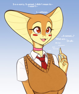 anthro big_breasts blush blush_stickers breasts choker clothing dialogue eyebrows eyelashes fangs female jewelry long_eyelashes necklace necktie non-mammal_breasts open_mouth open_smile orange_eyes scales shirt smile snake_hood solo tan_body teeth topwear scorpdk cobra reptile scalie snake 2026 hi_res