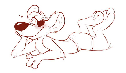 3_toes 4_fingers anthro arched_back arm_support arm_tuft bent_legs blush bottomwear butt calves_up cheek_tuft chest_tuft clothed clothing drunk elbow_tuft eye_patch eyebrows eyewear facial_tuft feet fingers fur half-closed_eyes head_tuft inner_ear_fluff knee_tuft leaning_on_elbow leg_tuft looking_at_viewer lying male narrowed_eyes on_front partially_clothed raised_calf shorts side_view solo substance_intoxication toes topless tuft rotten_robbie danger_mouse_(series) danger_mouse house_mouse mammal mouse murid murine rodent brown_and_white full-length_portrait line_art monochrome portrait