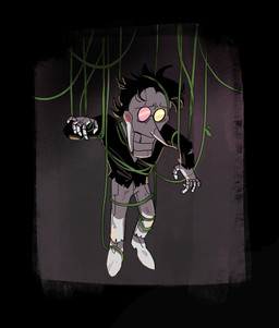 black_background black_hair clothing eyewear glasses hair heterochromia long_nose male puppet puppet_strings simple_background solo string suit teeth trapped white_body white_skin wire brightgoat deltarune undertale_(series) spamton_g._spamton darkner humanoid